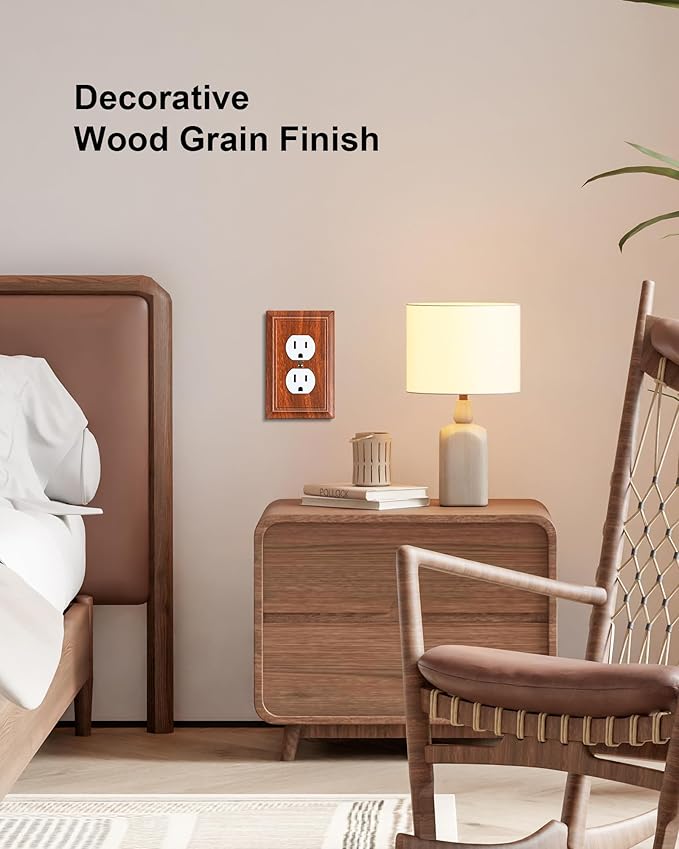 2-Pack Duplex Outlet Cover Plate, Decorative Wood Grain Switch Plates and Outlet Covers, Natural Bamboo Fiber Wall Plates for Electrical Outlets, 1 Gang Receptacle Cover, Corrosion Resistant