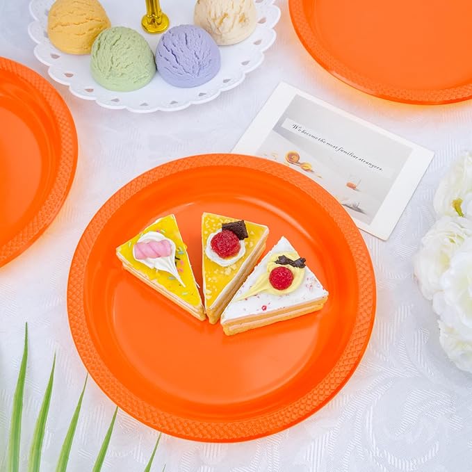 WELLIFE Orange Party Plates 9 Inch -150 Count, Plastic Disposable Dinner Plates for Party Easter Picnic BBQ Wedding Engagement Birthday