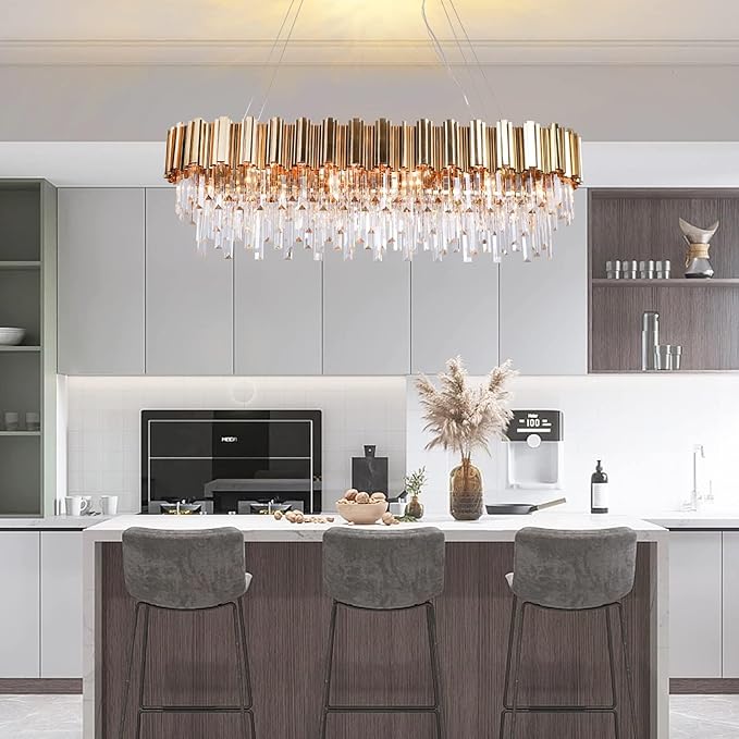 L43.3 Modern Rectangle Crystal Chandelier Gold Linear Pendant Ceiling Light Fixture for Dining Room Contemporary Oval Raindrop Chandeliers Lighting for Kitchen Island 13-Light