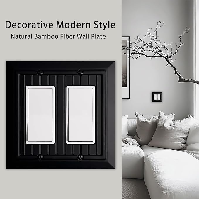 Beadboard Outlet Covers Wall Plates, Bamboo Fiber Light Switch Covers, Natural Material Electric Receptacle Decorative Switch Plate Outlet Cover Matte Black (2 Gang Decorator 2 Pack)