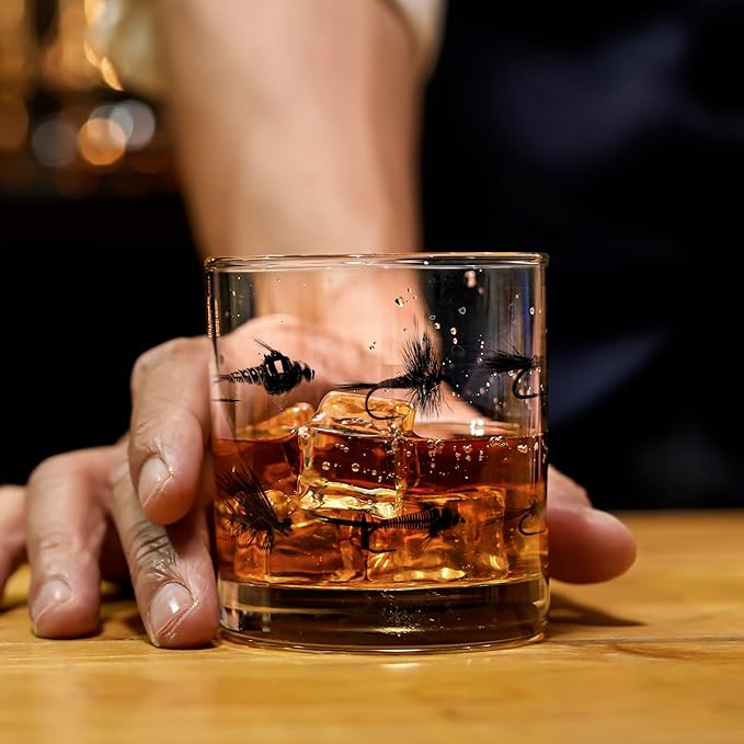 Black Lantern Fly Fishing Whiskey Glasses Set of 2 – 11oz Rock Tumblers with Screen-Printed Fly Patterns – Premium Bourbon & Scotch Barware for Fishermen and Outdoor Enthusiasts