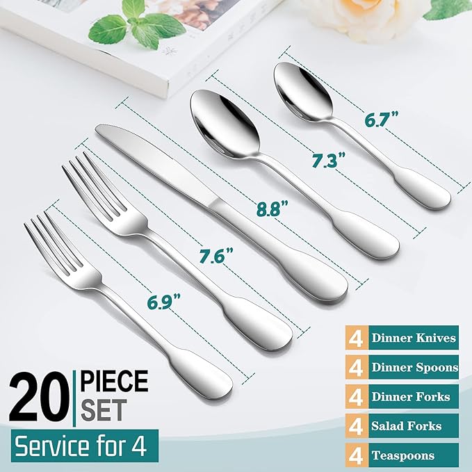 18/10 Silverware Set, E-far 20-Piece Stainless Steel Flatware Cutlery Set Service for 4, Metal Tableware Eating Utensil Sets for Home/Restaurant/Wedding, Elegant & Classic Style - Dishwasher Safe