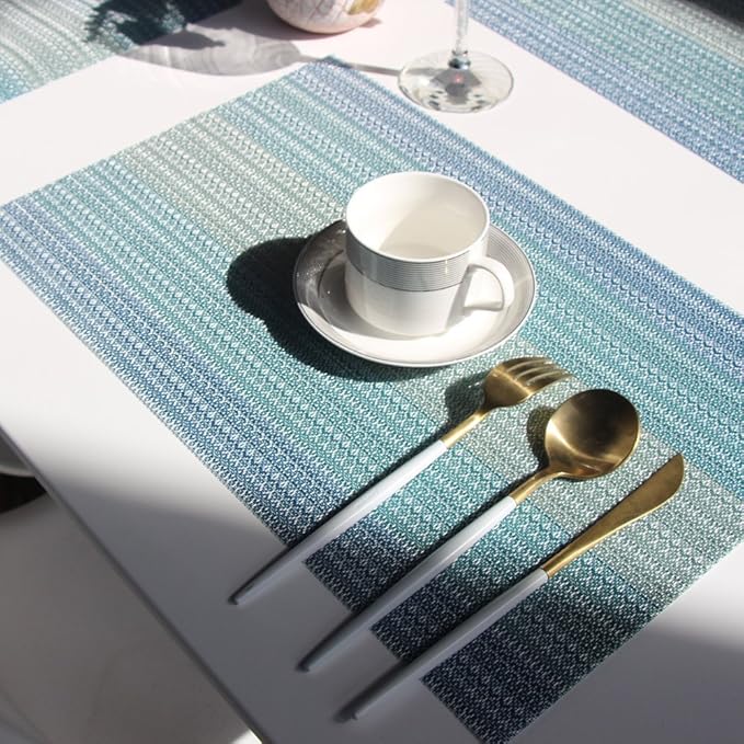 Placemats Washable Easy to Clean PVC Placemat for Kitchen Table Heat-resistand Woven Vinyl Hard Table Mats 12x18 inches Set of 4 （Blue）