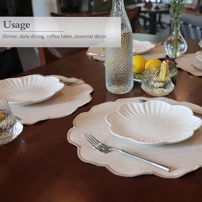 AHHFSMEI Round Faux Linen Placemats Set of 4 Waterproof Table Mats Heat Resistant Non-Slip and Stain Proof for Kitchen Dining Elegant Decor (Beige,4)