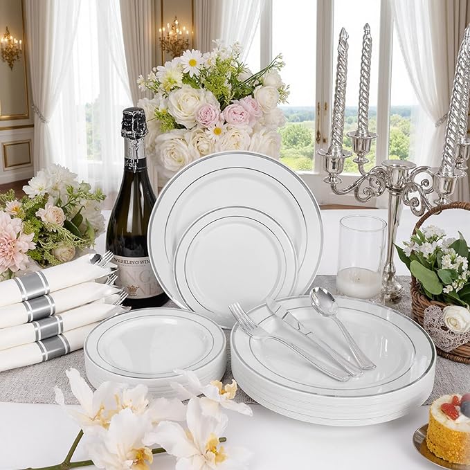 175PCS Sliver Plastic Plates - Silver Plates Disposable - White Plate with Silver Trim 25Guests Plastic Dinnerware Sets with Rolled Napkins for Wedding/Birthday/Valentine's Day