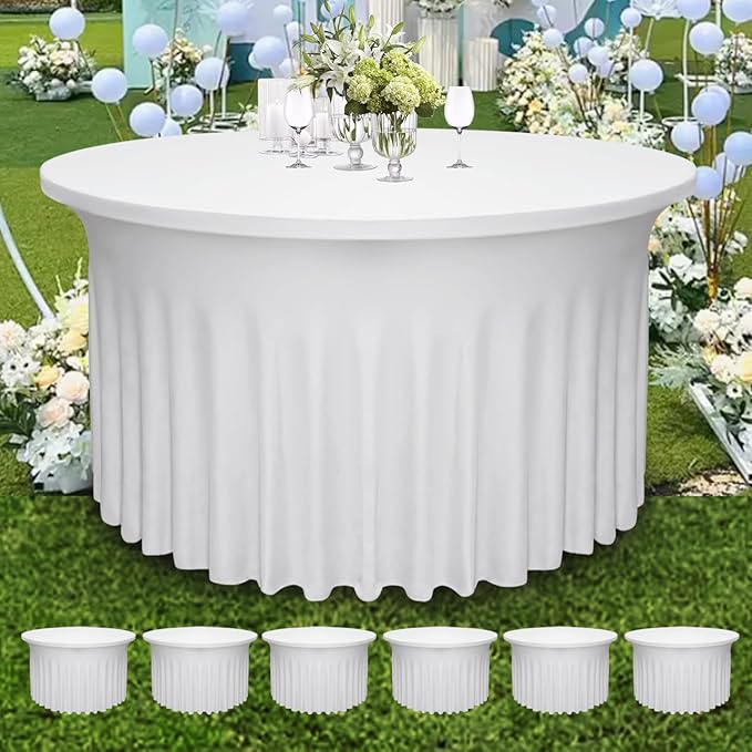 6-Pack 60" Diameter x 30" Height White Round Table Skirts for 5FT Tables | Wrinkle & Stain Resistant Polyester Spandex Tablecloths with Elastic Fit | Ideal for Weddings, Parties, Banquets, Dining
