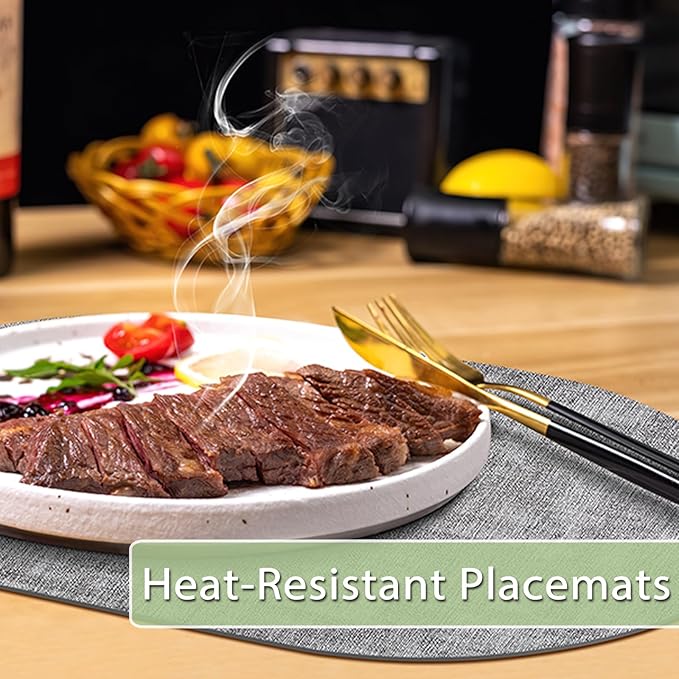 Placemats for Dining Table Set of 4 Non-Slip, Heat Resistant Oval Leather Placemat Double Layer, Waterproof Table Mats Easy to Clean for Kitchen Dining Room Coffee Office Table, Grey