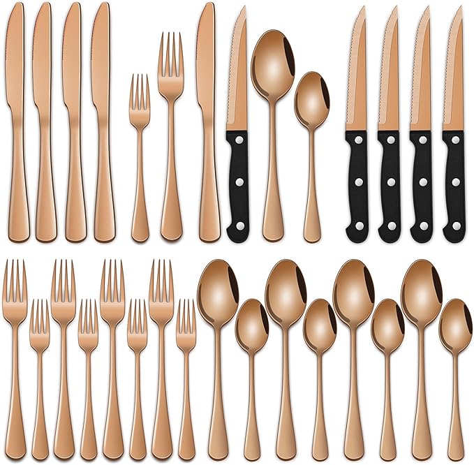 Rose Gold 24 PCS Flatware Sets With Steak Knives Service For 4 Person,Copper Eating Untensils Set For Kitchen,Silverware Set Includes Knife Spoon And Fork Set