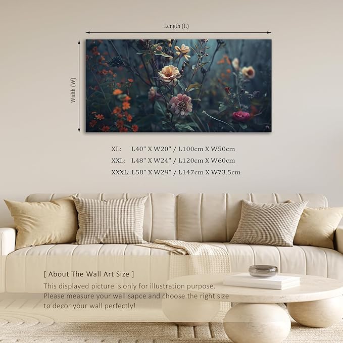 ADJUVANT Wall Art Impressionist Floral 40"L x 20"W, Dark Toned Blossoms With Lush Foliage Canvas Painting Enchanting Flowers Artwork Prints Floral Wall Decor for Living Room Bedroom Study Home Office