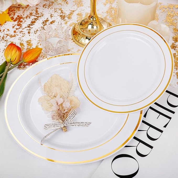 I00000 60 Pieces Gold Plastic Plates, Heavy Duty White and Gold Plastic Plates for 30 Guests Include: 30 Gold Rim Dinner Plates and 30 Gold Dessert Plates Perfect for Wedding & Party