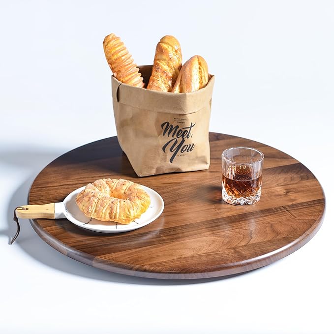 24 Inch Round Lazy Susan Turntable, 0.8” Thick Solid Black Walnut Rotating Tray with 12" Wide Swivel Base, Reinforced Back for Non-Deforming, 100% FSC Certified for Dining Table