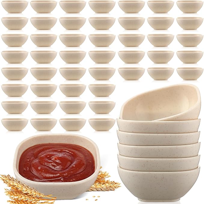 Gejoy 50 Pcs Wheat Straw Dipping Saucers Bowls 4.5 oz Unbreakable Small Soy Sauce Dishes Mini Prep Cups Dessert Snack Bowls Microwave Dishwasher Safe for Side Dish, Snacks, BBQ, Ketchup(Beige)