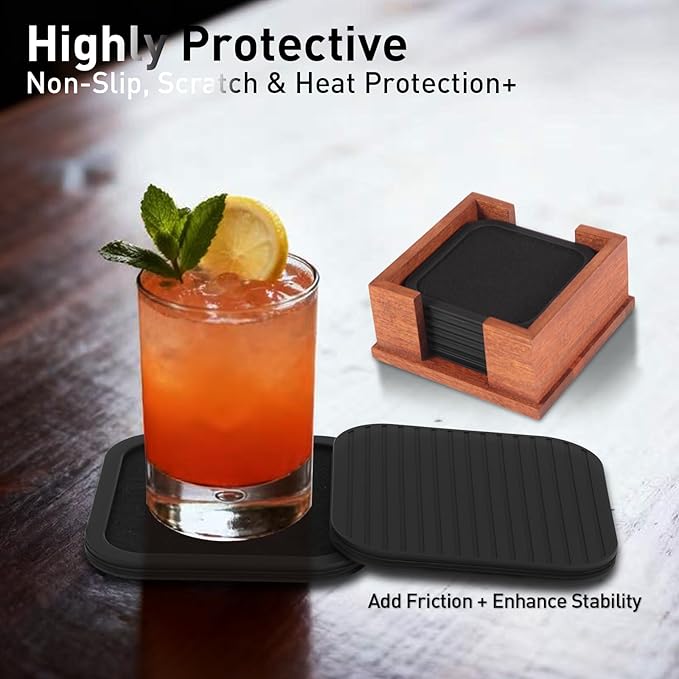 Lexenic Sleek Absorbent Coasters for Drinks with Solid Acacia Wood Holder, Silicone Cup Mat with Removable Felt Insert, Non-Slip, Non-Stick, Gift for Coffee Table Kitchen Decor, 6PCS (Black)