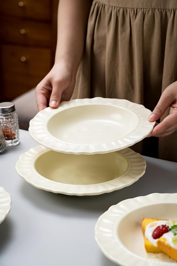 Ceramic Soup Bowls 8.6 in, Pasta Bowls & Plates, Cream color Floral-Embossed Wide Rim Shallow Bowls Set of 4, Italian Carving Design, Matte Finish Porcelain, Microwave & Dishwasher Safe