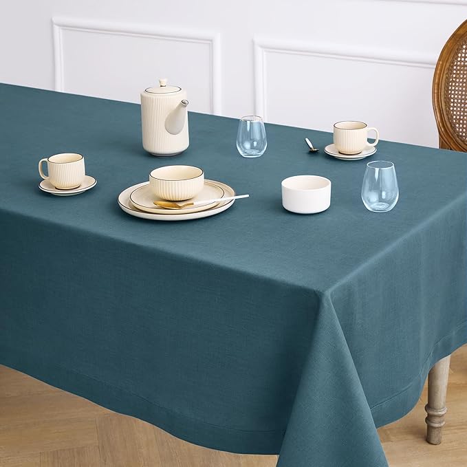 Solino Home Linen Tablecloth for Rectangle Tables 60 x 90 Inch - 100% Pure Linen Peacock Blue Table Cloth - Fete, Machine Washable Cloth Tablecloth for Winter
