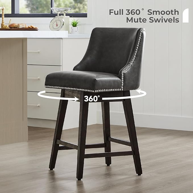 CHITA Counter Height Swivel Bar Stools, FSC Certified Upholstered Counter Stools, Modern Swivel Barstools with Wood Legs for Kitchen Island, 26" Seat Height, Faux Leather in Retro Grey