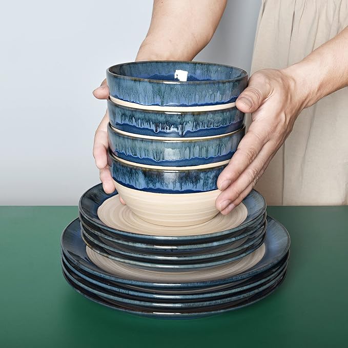 Bosmarlin Stoneware Soup Bowl Set of 4, 26 Oz, Cereal Bowl for Oatmeal, Dishwasher and Microwave Safe, Reactive Glaze (Deep blue, 6 in)