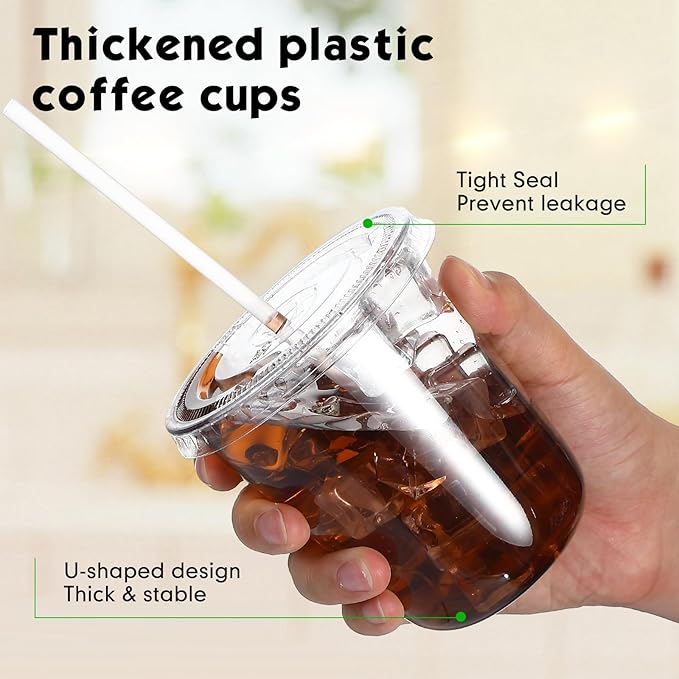 50 Sets Clear Plastic Cups with Lids and Straws, Disposable Iced Coffee Cups Drinking PET for Cold Drinks, Juice, Smoothie, Coffee Shops, Party, Christmas (Clear,14 oz)