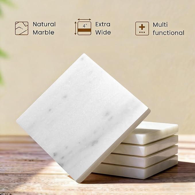 Natural Marble Coasters, Square Costers, Luxury Aesthetic Modern Decor for Coffee Table Bar Kitchen Home, White Marble, Real Natural Semi Absorbent Stone Coasters
