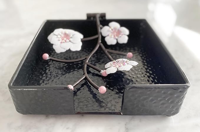 Black Flat Square Napkin Holder with White Pink Orchid Blooms | Orchid Flowers Metal Hinged Weighted Arm | Serviette Paper Hand Towel Storage Caddy Tray Organizer Dispenser | Home Restaurant