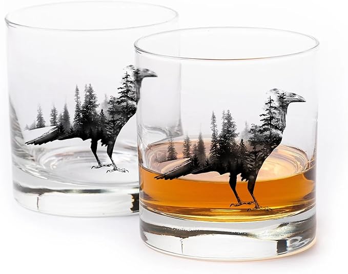 Double Exposure Bird Whiskey Glasses – Set of 2 by Black Lantern | 11oz Tumblers with Black Bird & Mountain Forest Design