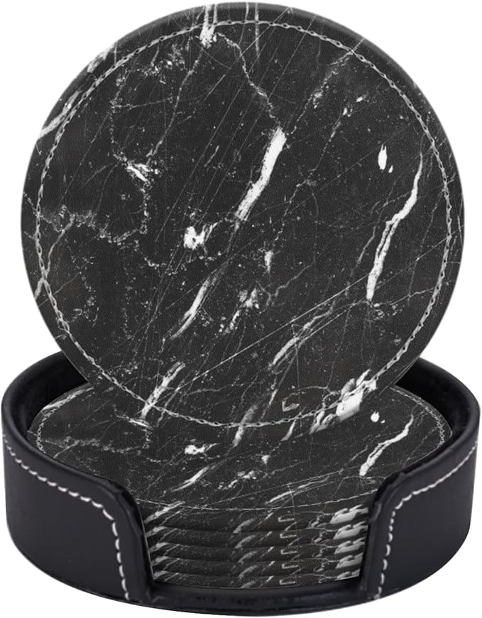 Coasters for Drinks PU Leather,Set of 6 with Holder,Round Housewarming Gift Home Decor,Black and White Marble