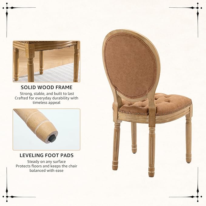 Vintage French Dining Chairs Set of 8, Round Back PU Leather Upholstered Accent Chairs with Nailhead Trim and Solid Wood Frame, Farmhouse Sillas de Comedor for Dining Room & Kitchen, Whiskey Brown