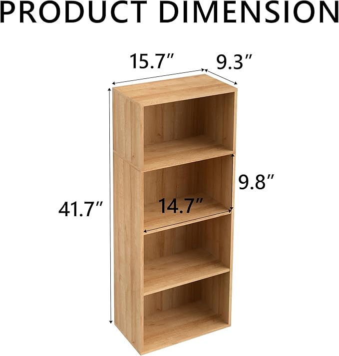Wooden 4 Cube Storage Organizer, 4 Tier Tall Modern Bookshelf Freestanding Storage Display Organizer, Versatile Cubes Shelf and Cubby Unit for Living Room, Bedroom, Home Office 15.7inch