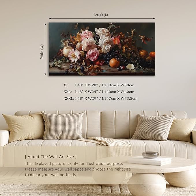 ADJUVANT Wall Art Vintage Floral And Fruit 40" L x 20" W, Peonies With Grapes And Citrus Canvas Painting Prints Graceful Botanic And Fruity Wall Decor for Living Room Bedroom Dining Room Home Office