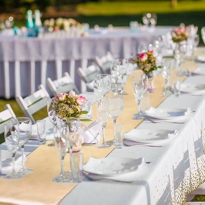 Breling 8 Pack White and Gold Disposable Plastic Tablecloths and Satin Table Runner Set, 54 x 108 Inch Tablecloth, 12 x 108 Inch Table Runners for Wedding First Communion Baby Shower Graduation