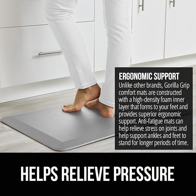 GORILLA GRIP Comfortable Cushioned Kitchen Mats for Floor, 48x20, Waterproof and Stain Resistant Soft Top, 3/4 Inch Thick Ergonomic Standing Desk Anti Fatigue Mat, Foam Supports Feet, Light Gray