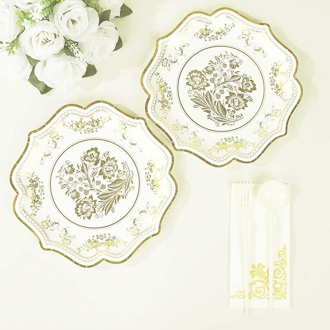 50 Pack 10" White Gold French Toile Dinner Plates, Disposable Round Paper Party Plates 300 GSM for Festive Table Decoration