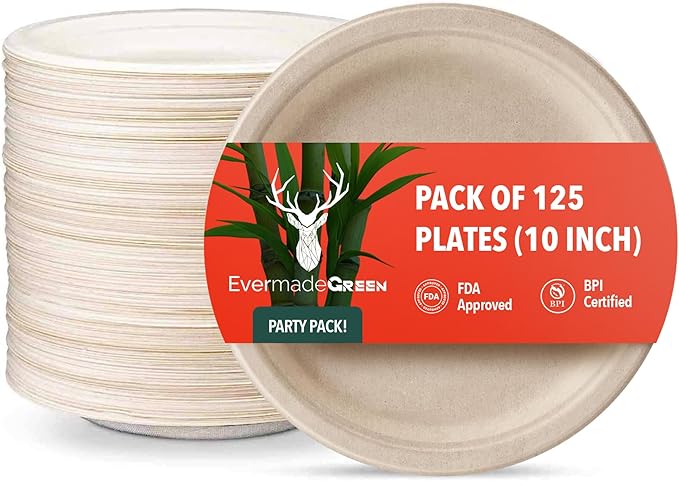 Heavy Duty Disposable Paper Plates 10 inch - Set of 125 | Compostable | Made from Sugarcane Bagasse | Biodegradable Dinner Plates | Rustic Dinnerware for Christmas, Wedding, Party