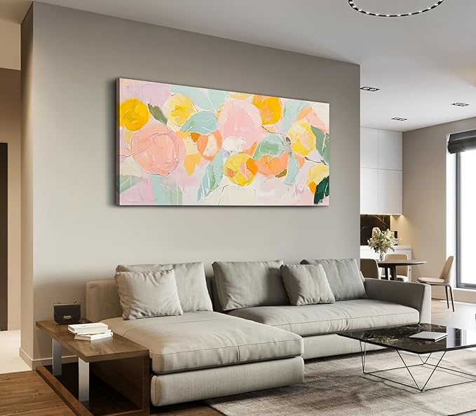 ADJUVANT Wall Art Impressionist Colorful Floral 40"L x 20"W, Bright Blooms With Pastel Leaves Canvas Painting Lively Petals Artwork Prints Floral Wall Decor for Living Room Bedroom Dining Room Home Office