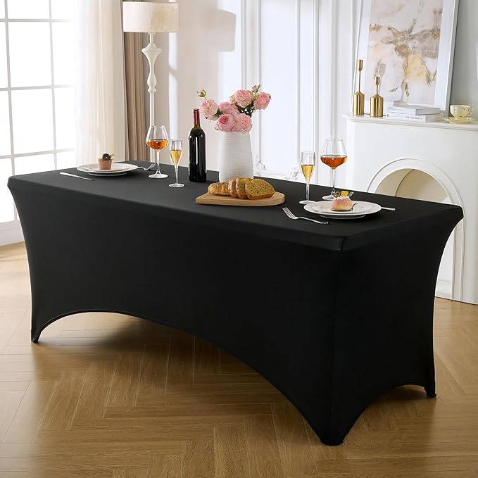 VidaFete Spandex Tablecloth 2 Pack 6FT, Fitted Stretch Table Cover for Rectangle Tables, Wrinkle Resistant and Washable Tablecloths for Outdoor, Picnic, Party, Wedding, Banquet, Birthday, Black