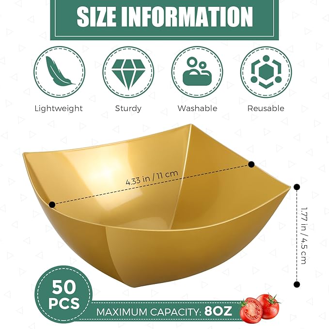 Tanlade 50 Pcs Square Plastic Serving Bowls Disposable Snack Salad Bowl Small Party Candy Bar Containers Taco Bar Serving Dishes for Buffet Chips Fruit(Gold,8 oz)