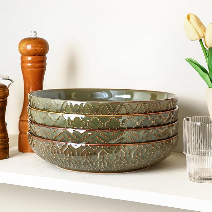 Sureasy Pasta Bowls Set of 4-30oz Large Ceramic Embossed Bowl Plates, 8.5 Inch Wide and Shallow Plate Bowls, Salad Bowl, Microwave, Oven & Dishwasher Safe, Green