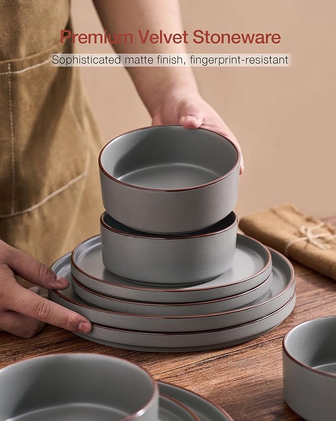 Famiware Nebula Ridge Stoneware Dinnerware Sets for 6, Plates and Bowls Sets, 18 Pieces Dishes Set, Microwave and Dishwasher Safe Kitchen Plates, Dark Gray