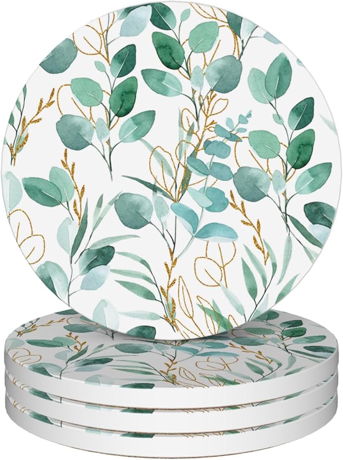 Drinks Coasters Set of 4, Sage Green Plants Round 4" Cup Coasters, Absorbent Ceramic Stone Coasters with Cork Base, Cute Coasters for Table Home Décor, Ideal Gifts for Women Men