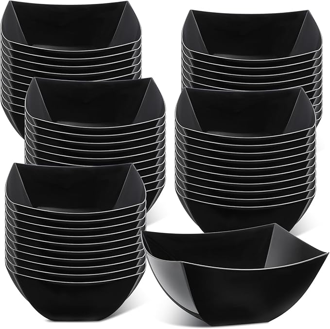 Tanlade 50 Pcs Square Plastic Serving Bowls Disposable Snack Salad Bowl Small Party Candy Bar Containers Taco Bar Serving Dishes for Buffet Chips Fruit (4 oz,Black)