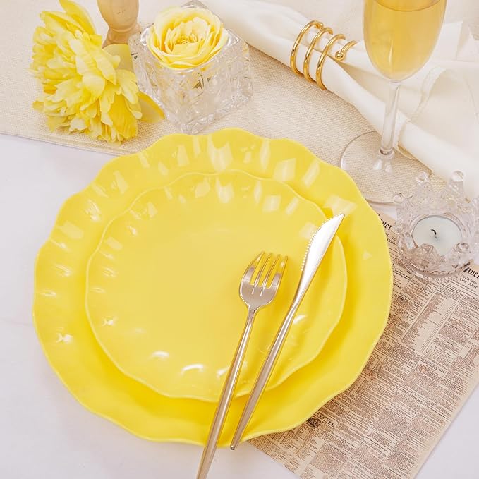 LIYH 24 Pcs Yellow Plastic Plates Reusable, Unbreakable Dinner & Salad Plate, Microwave & Dishwasher Safe, Scalloped Reusable Plastic Plates for Party, Birthday, Picnics (12Guests)