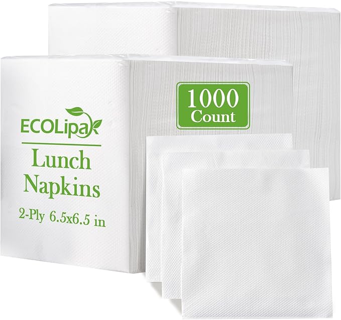 ECOLipak Lunch Napkins Bulk, 1000 Count Everyday Paper Napkins, 6.5×6.5 Inch Folded, 2-Ply Soft And Absorbent for Dinner, Gathering, Bar, Restaurants(13×13 Inch Unfolded)