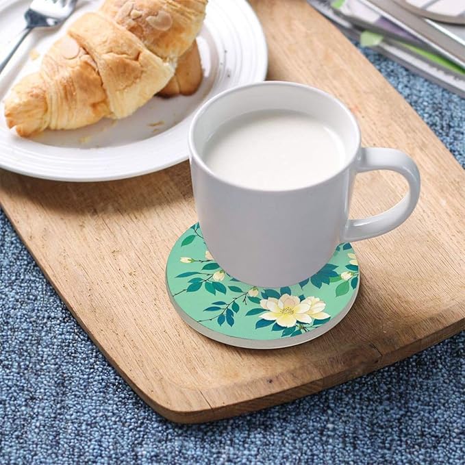 Coasters for Drinks Coaster Drink Set Decorative Coffee Table Desk Cup Mat Spring Cute Cork Bar Backing Round Home Decor Flowers Leaves Light Green27