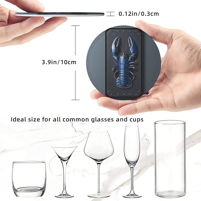 Lobster Printed Leather Coasters for Drinks, Set of 6 Drink Coaster Dining Room Decor Cup Coasters