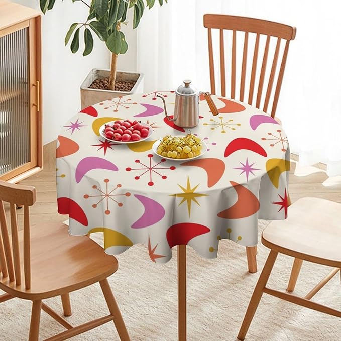 Mid Century Modern Round Tablecloth, Vintage Abstract Colorful Geometrics Modern Art Tablecloth for Home Party Dining Room Kitchen Decor 70Inch(178cm)