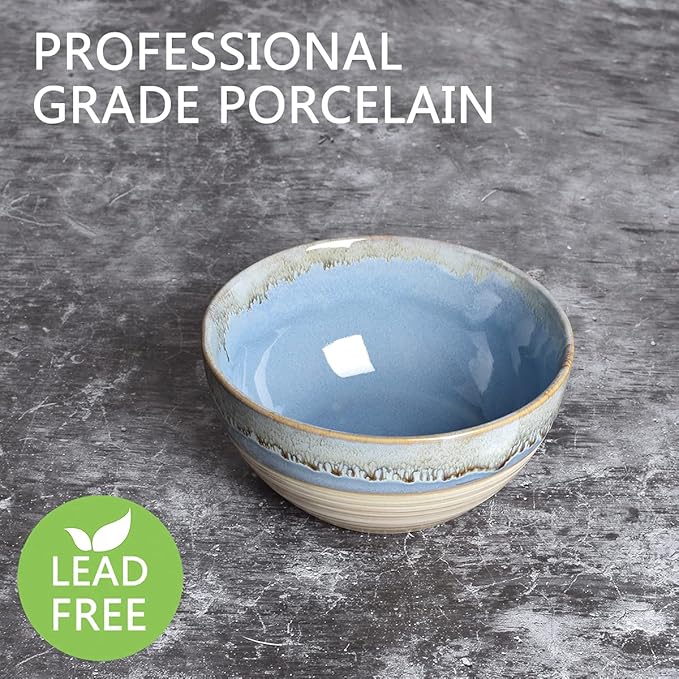 Bosmarlin Stoneware Soup Bowl Set of 4, 26 Oz, Cereal Bowl for Oatmeal, Dishwasher and Microwave Safe, Reactive Glaze (Blue, 6 in)