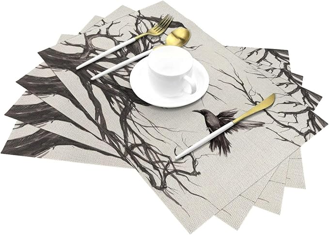 Halloween Placemats 12x18 Inches Set of 4,Black Crows Decorative Rectangle Autumn Halloween Decoration Fall Linen Black Table Mats for Party,Home Kitchen,Dining Table Decorn