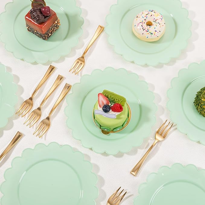 LIYH 200 Pcs Sage Green Plastic Disposable Plates and Gold Forks 7.5 Inch Scalloped Dessert Appetizer Plates, Cake Forks 5" for Wedding Party