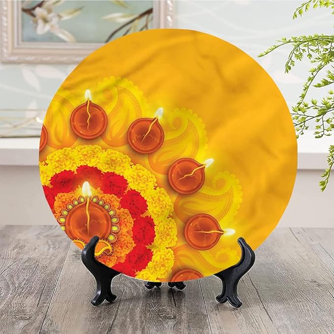Ceramic Plates, Diwali Decorative Ceramic Plates, Flowers Diwali Festive, 7 Inch, Household Plates Decorative, Multicolor