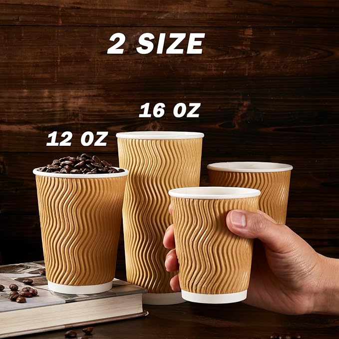 90 Pack 16 oz Disposable Coffee Cups No Lids, Champagne Insulated Ripple Wall Paper Coffee Cups 16oz, Kraft Corrugated Beverage Paper Cups for Hot Chocolate, Home, Travel, Office, Tea